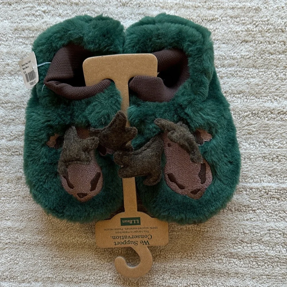 NWT L.L. Bean Toddler Animal Paws Slippers Maine Moose Green Brown  Size 9-10